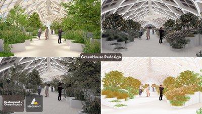 The image showcases a greenhouse redesign, potentially for a restaurant, featuring a modern and sust