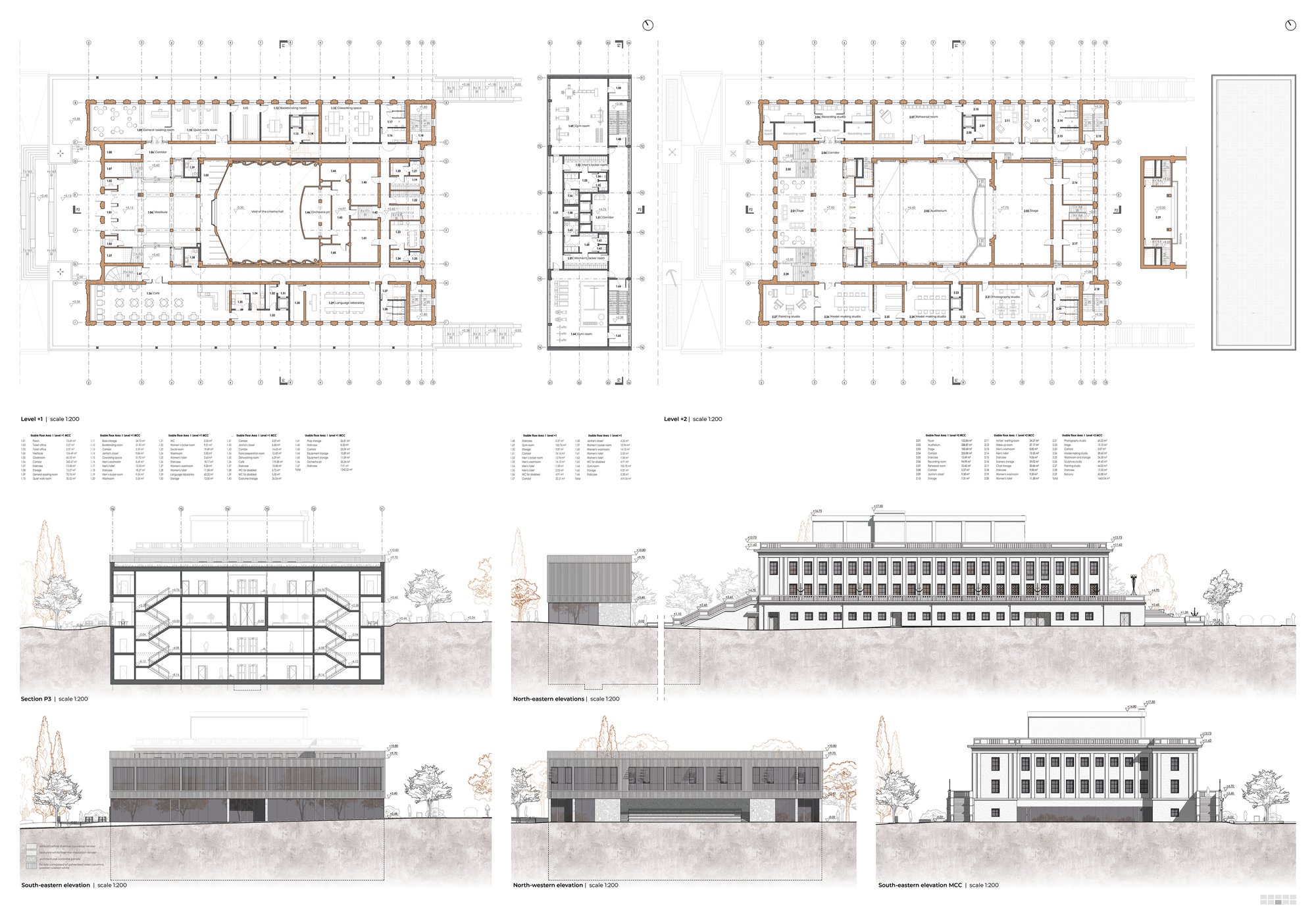 Floor plans, sections, and elevations