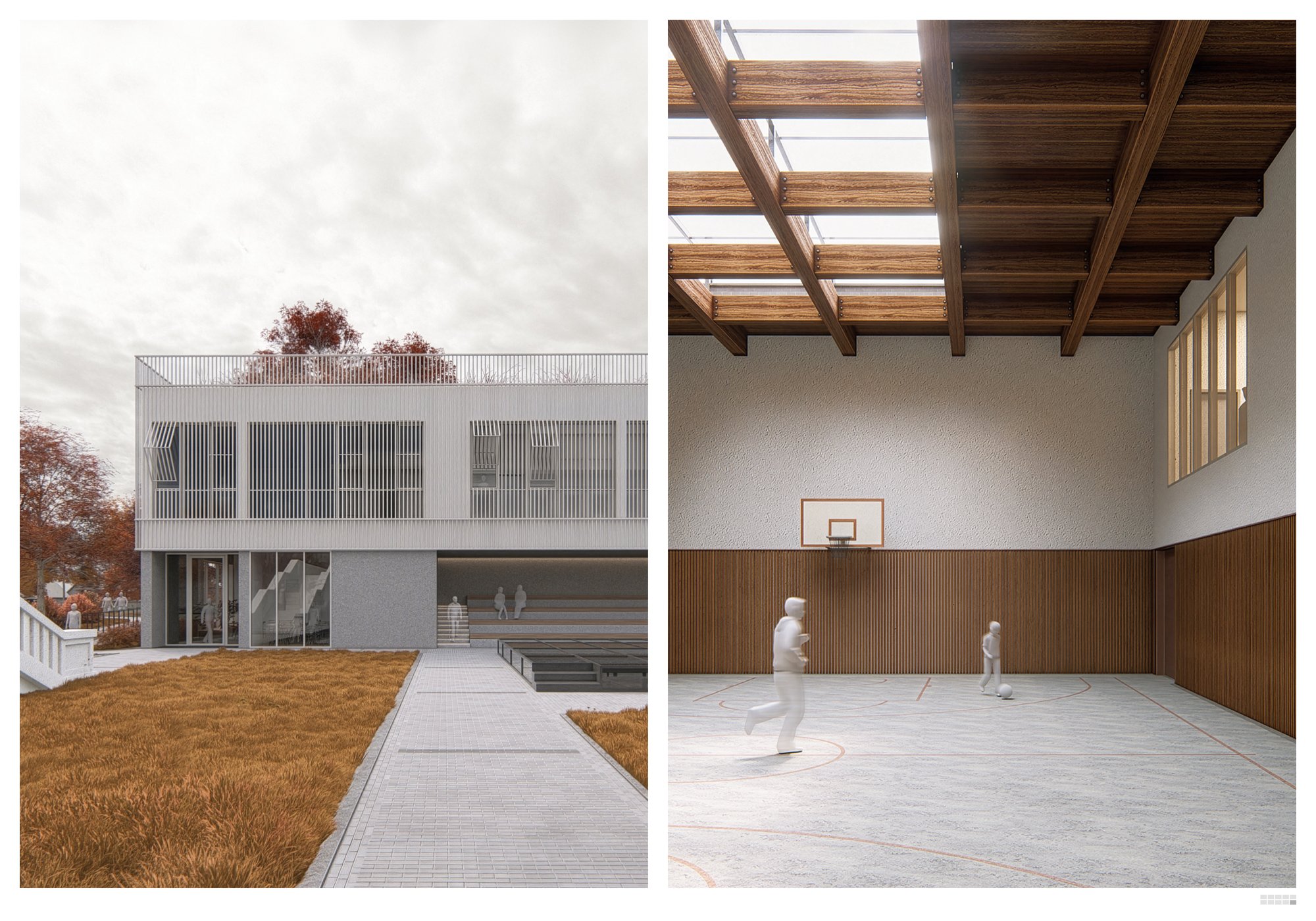 Rendering of the new building and the underground sports hall