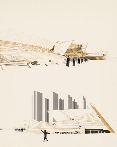 This architectural image presents a conceptual design with a focus on geometric forms and structural