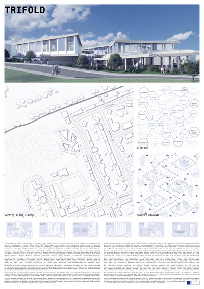 This architectural presentation board showcases the design for a wellness center, emphasizing a laye