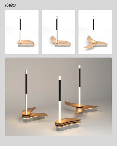 The image showcases a modern lighting fixture design called "FARO," featuring a combination of wood 