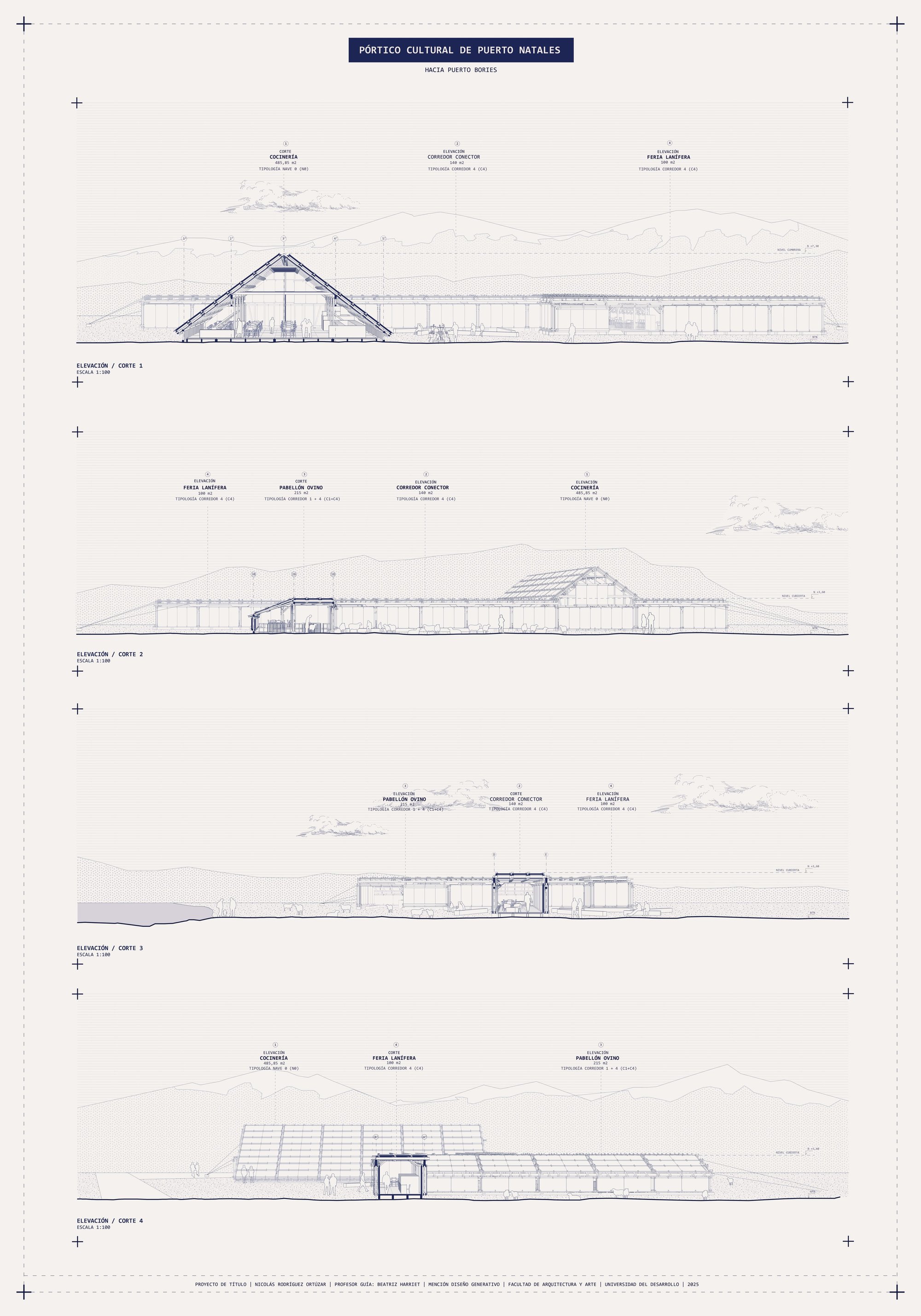 17. Puerto Natales cultural gateway. Sections/elevations