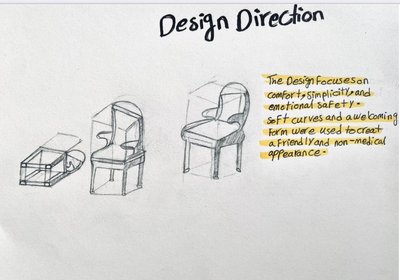 The image is a design presentation board featuring sketches of a chair design. The sketches show the