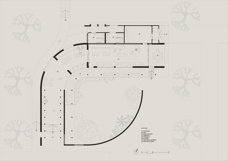 Cafe MADA key plan showing the curving L-shaped building wrapping around the central garden
