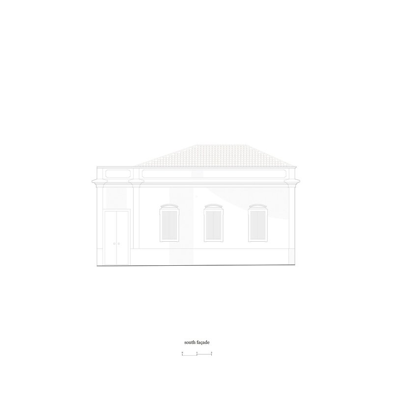 South facade drawing showing the three arched windows and a single door