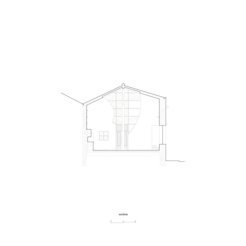 Section drawing showing the new curved plywood wall inside the preserved outer shell