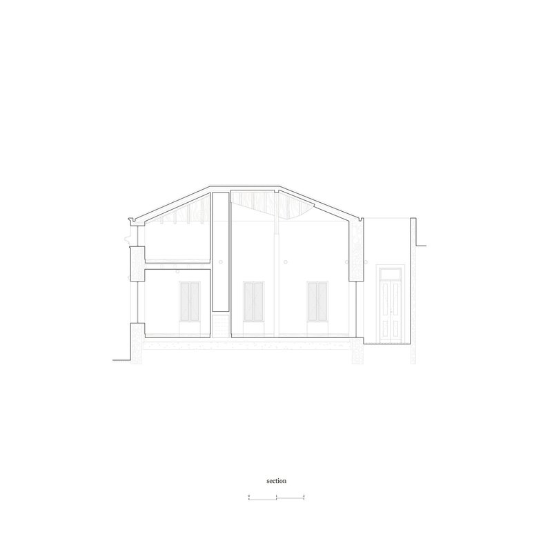 Second section showing the pine rafter structure and the wall cuts between rooms