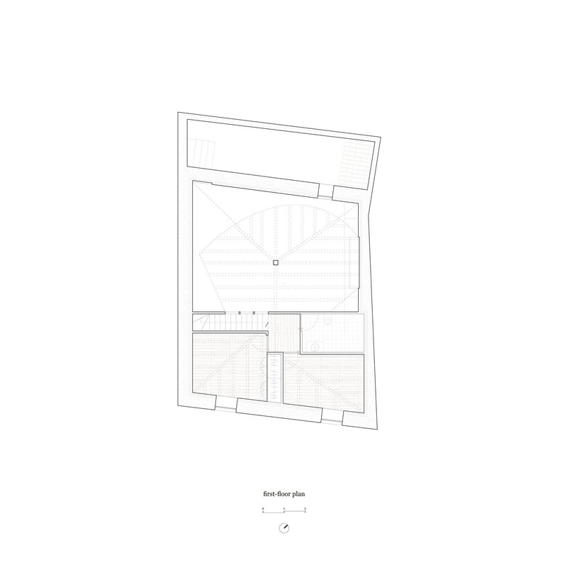 First-floor plan with the underside of the new pine roof structure visible