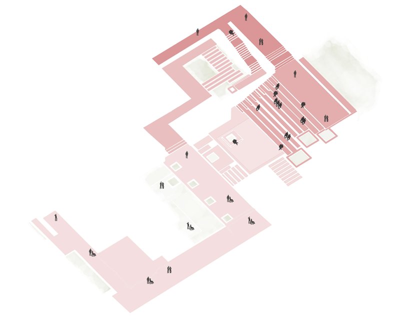 Isometric view of the auditorium with circulation paths