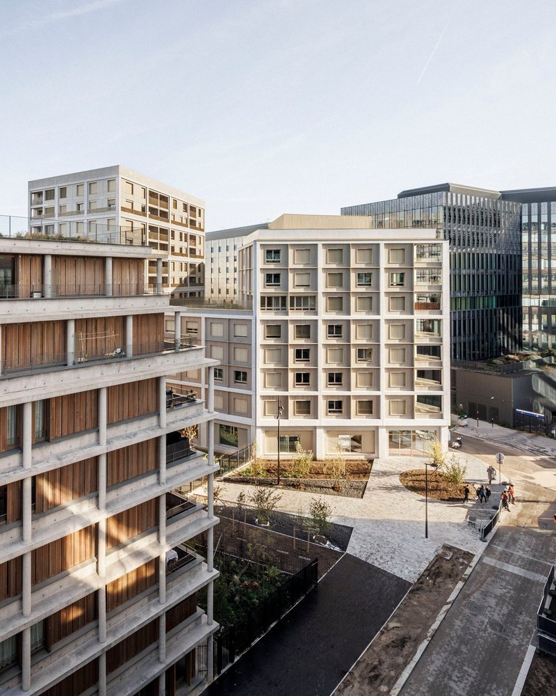 Aerial view of the new buildings around the central park with the wider Paris skyline