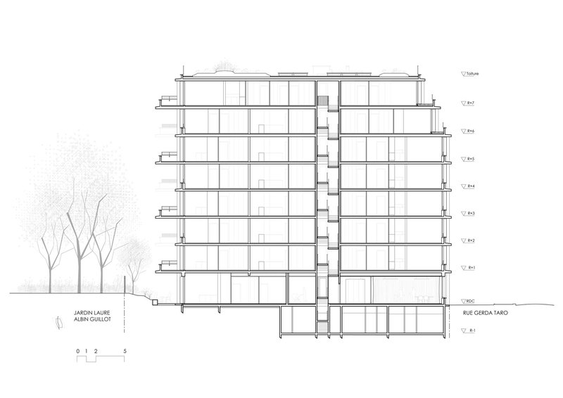 Building section through the family-flat block showing the park side and the street side