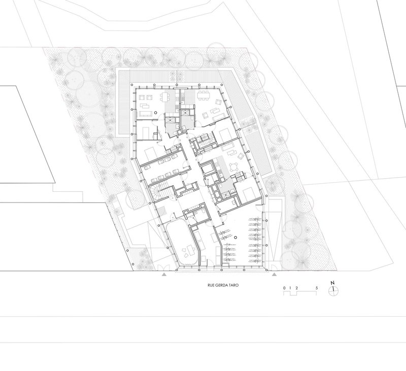 Ground-floor plan of the family-flat building showing the communal entrance and internal circulation
