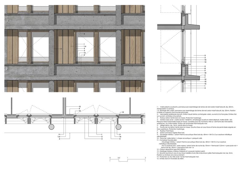 Facade detail section showing the concrete slab, timber infill and sliding shutter layers