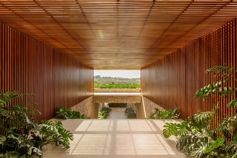 Covered walkway under a ribbed timber ceiling framing a view out to the fields