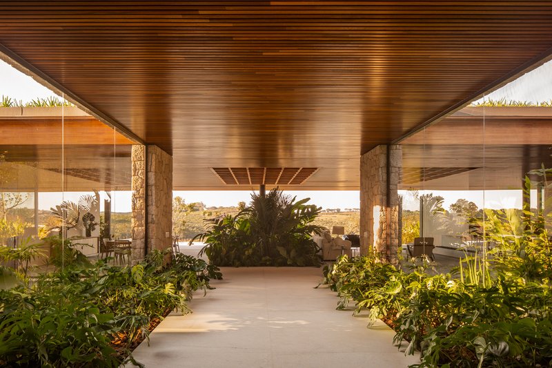 Central entrance passage with a timber ceiling, glass walls and a planted centrepiece framing the view to the fields