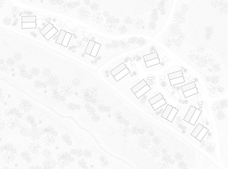 Site plan showing the clustered cabin arrangement within the valley