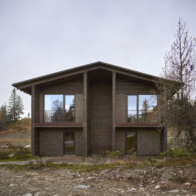 Front elevation showing two duplex entries under an overcast mountain sky